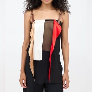 Burberry Black, Red, White, and Tan Ruffle Sheer Silk Layering Top